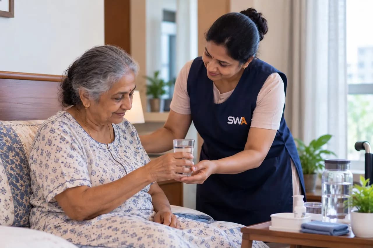 A SWA carer helping an elderly woman with a glass of water at home
