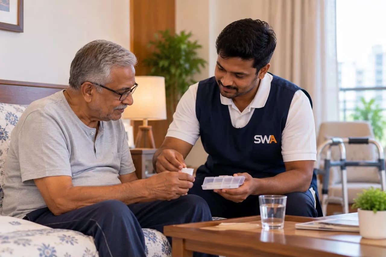 A SWA carer helping an elderly man with his medicines at home