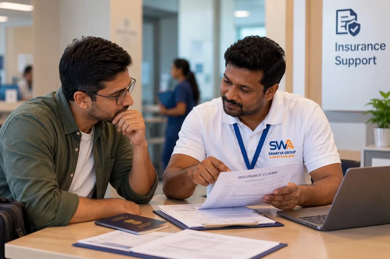 A SWA coordinator reviewing insurance claim papers with a family member